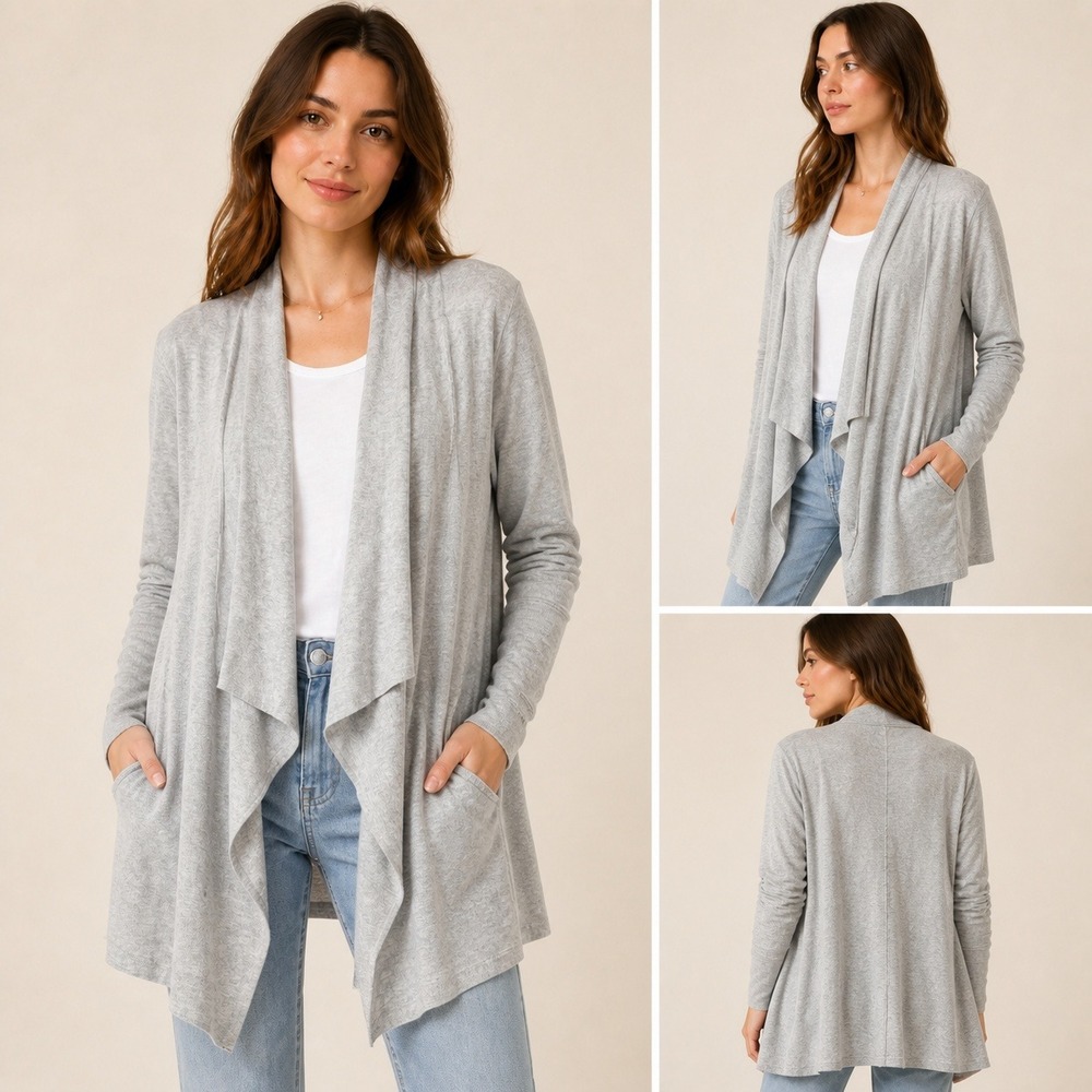 J. Jill Pure Jill Women's Large Gray Cotton Blend Waterfall Cardigan Pockets